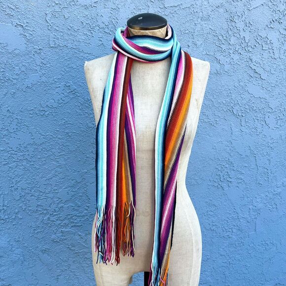 Vintage Scarf with Fringe Novelty Print Rainbow hippie - Picture 2 of 6